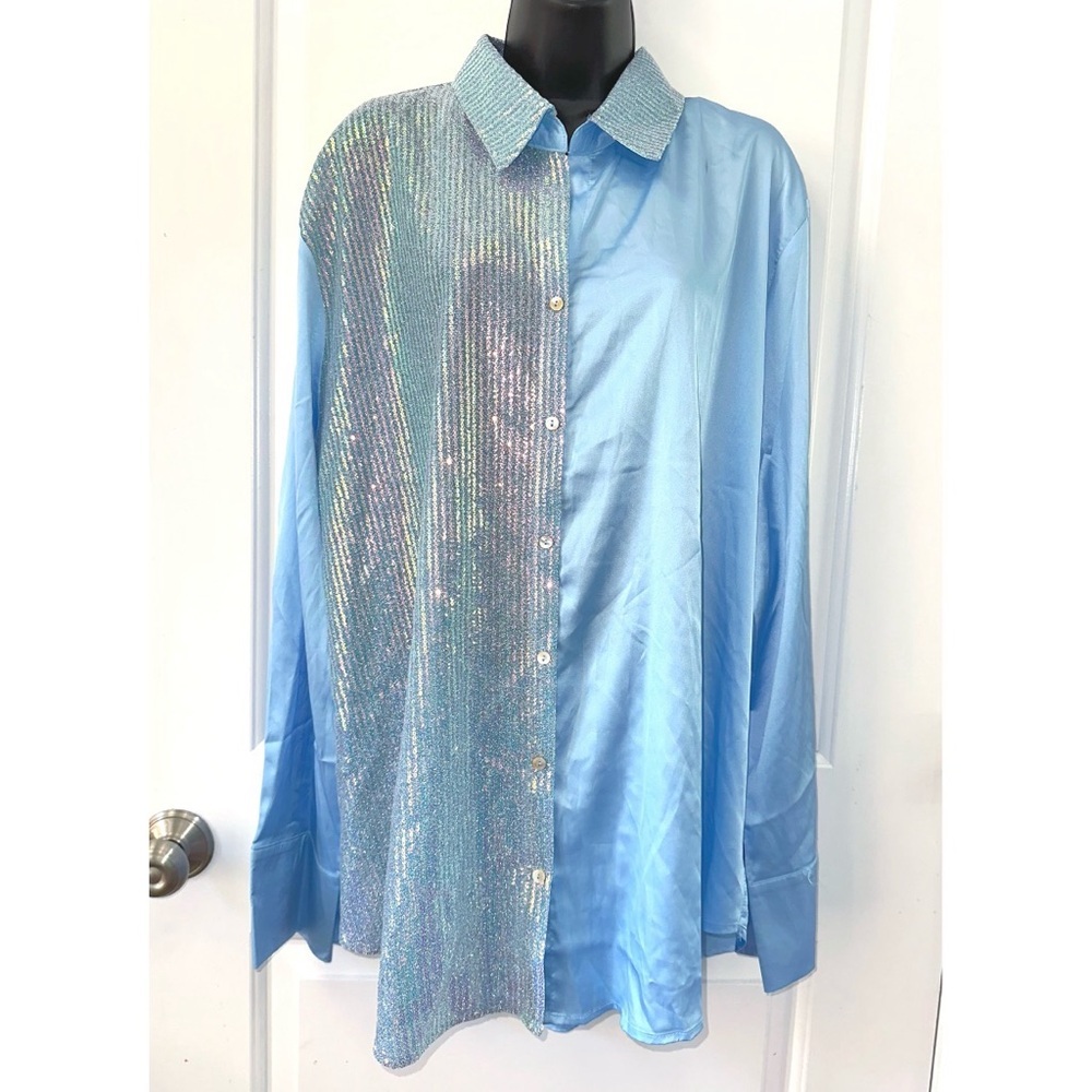GeeGee Blue Sequin Long Sleeve Button Up Blouse